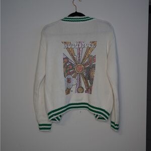 Woodstock Rhinestone White and Green Sweater Cardigan with Graphic Design